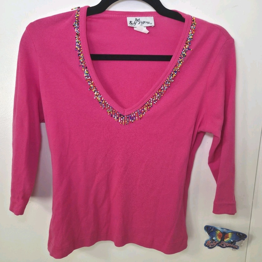 Self Esteem Pink Beaded V Neck Top Large Y2K 3/4 Sleeve Cotton